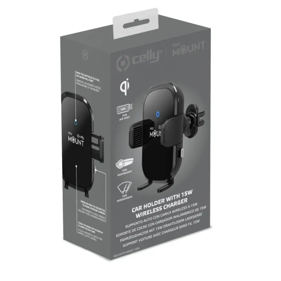 Interieuraccessoires > Celly draadloze telefoon oplader / houder MountCharge 15W BK