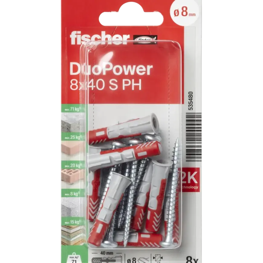 Fischer Universeelplug DuoPower 8x40mm met bolkopschroef 8 stuks