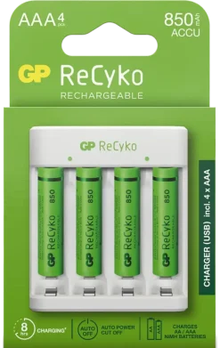 Batterijen|Oplaadbare Batterijen > GP Batterijlader 411 + 4x oplaadbare batterijen AAA 850mAh ReCyko + Micro USB-lader