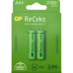 Batterijen|Oplaadbare Batterijen > GP Batterij Oplaadbaar AA NiMH 2100mAh ReCyko 1,2V 2 Stuks