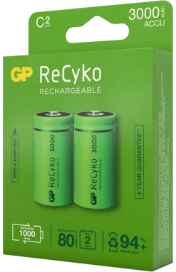 Batterijen|Oplaadbare Batterijen > GP Batterij Oplaadbaar C Baby NiMH 3000mAh ReCyko 1,2V 2 Stuks