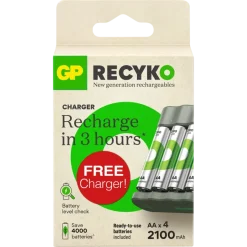 Batterijen|Oplaadbare Batterijen > GP ReCyko oplaadbare batterijen AA 2100 mAh 4 stuks + gratis lader