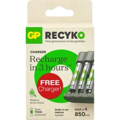 Batterijen|Oplaadbare Batterijen > GP ReCyko oplaadbare batterijen AAA 850 mAh 4 stuks + gratis lader