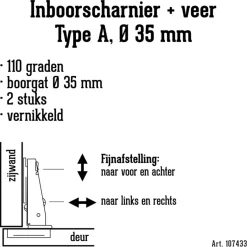 Scharnieren|Deurscharnieren > Handson Inboorscharnier met veer Type A (volledig opliggend) 35 mm - 2 stuks