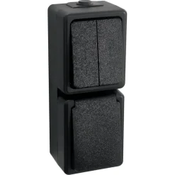 Buiten Schakelmateriaal|Opbouw Schakelmateriaal > Handson opbouw combinatie stopcontact/serie schakelaar spatwaterdicht zwart