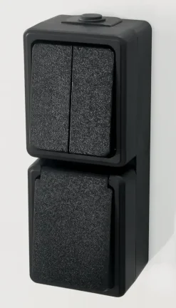 Buiten Schakelmateriaal|Opbouw Schakelmateriaal > Handson opbouw combinatie stopcontact/serie schakelaar spatwaterdicht zwart