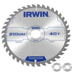 Zaagbladen > IRWIN cirkelzaagblad Ø210 mm. Inclusief reduceerringen waardoor geschikt voor asgat 16, 20 en 30 mm, vertanding 40T