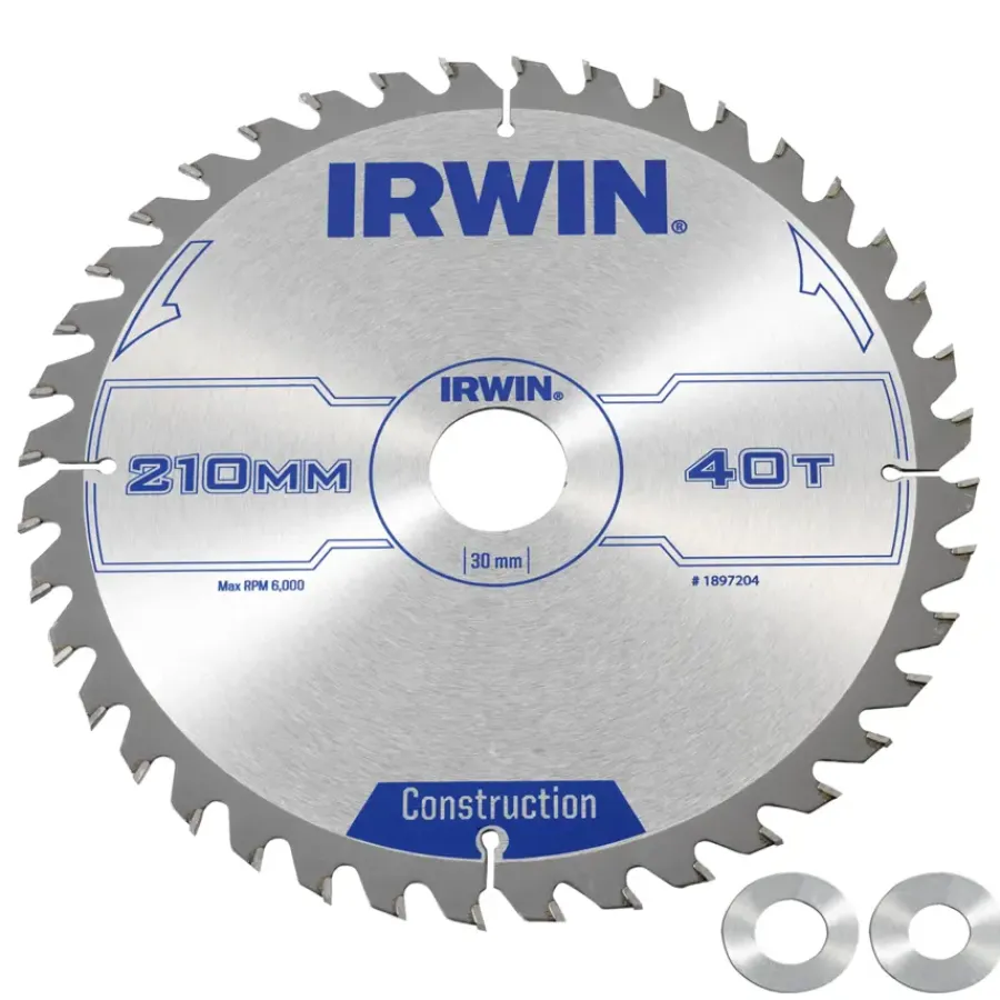 Zaagbladen > IRWIN cirkelzaagblad Ø210 mm. Inclusief reduceerringen waardoor geschikt voor asgat 16, 20 en 30 mm, vertanding 40T
