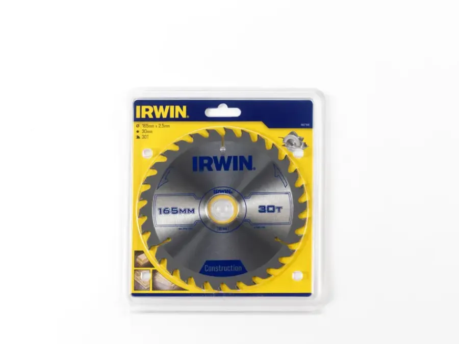 Zaagbladen > IRWIN cirkelzaagblad Ø165 mm. Inclusief reduceerringen waardoor geschikt voor asgat 16, 20 en 30 mm, vertanding 30T