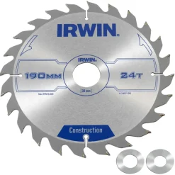 Zaagbladen > IRWIN cirkelzaagblad Ø190 mm. Inclusief reduceerringen waardoor geschikt voor asgat 16, 20 en 30 mm, vertanding 24T