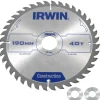 Zaagbladen > IRWIN cirkelzaagblad Ø190 mm. Inclusief reduceerringen waardoor geschikt voor asgat 16, 20 en 30 mm, vertanding 40T