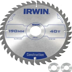 Zaagbladen > IRWIN cirkelzaagblad Ø190 mm. Inclusief reduceerringen waardoor geschikt voor asgat 16, 20 en 30 mm, vertanding 40T