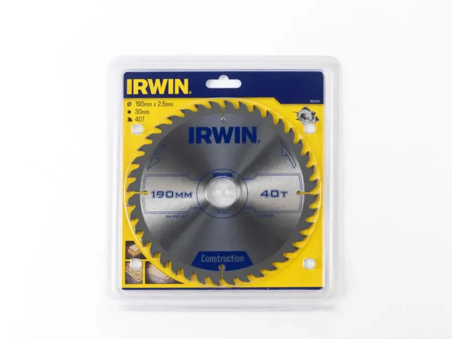 Zaagbladen > IRWIN cirkelzaagblad Ø190 mm. Inclusief reduceerringen waardoor geschikt voor asgat 16, 20 en 30 mm, vertanding 40T
