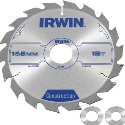 Zaagbladen > IRWIN cirkelzaagblad Ø165 mm. Inclusief reduceerringen waardoor geschikt voor asgat 16, 20 en 30 mm, vertanding 18T