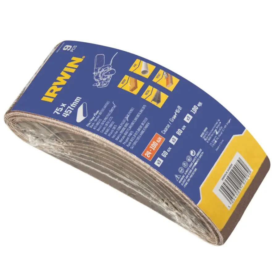 Schuuraccessoires > IRWIN schuurband 75 x 457 mm K60/K80/K100 voor B+D KA86/88, 9 stuks
