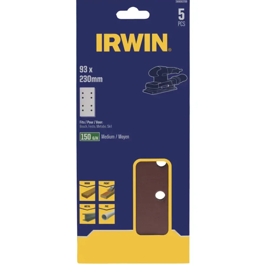 Schuuraccessoires > IRWIN schuurvel 230 x 93 mm K150 voor klembevestiging, met perforatie voor Bosch, Skil, Gamma, Makita, Metabo, 5 stuks.