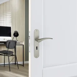 Deurbeslag Binnendeur|Deurklinken > KARWEI deurkruk set Stefanie ovaal schild sleutelgat 56 mm RVS look aluminium