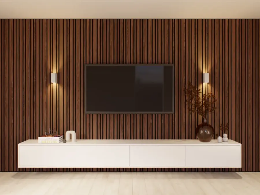 Akoestische Wandpanelen|Kleurstalen > CanDo Kleurstaal lattenwand Decowall Acoustic Blend walnoot 25x30cm