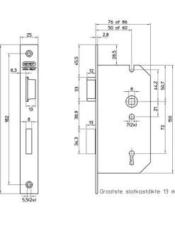 Deursloten|Cilinders > Nemef dag-/nachtslot binnendeur links Doorn 50mm PC 72mm