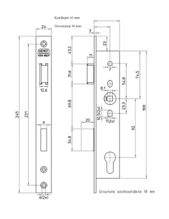 Deursloten|Cilinders > Nemef Smaldeurslot 9602/07 Doorn 30 mm PC 92mm