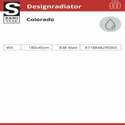 Sanivesk design radiator Colorado wit zij-aansluiting 180 x 40 cm