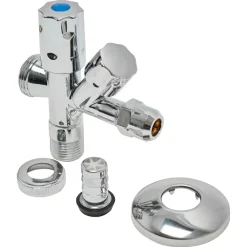 Wasmachine Accessoires > Sanivesk hoekstopkraan dubbele knelfitting met rozet en slangkop 1/2Mx10mmx3/4M chroom