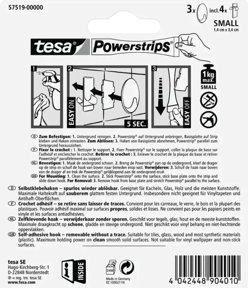 Tesa Powerstrips haak ovaal mat chroom 3 stuks